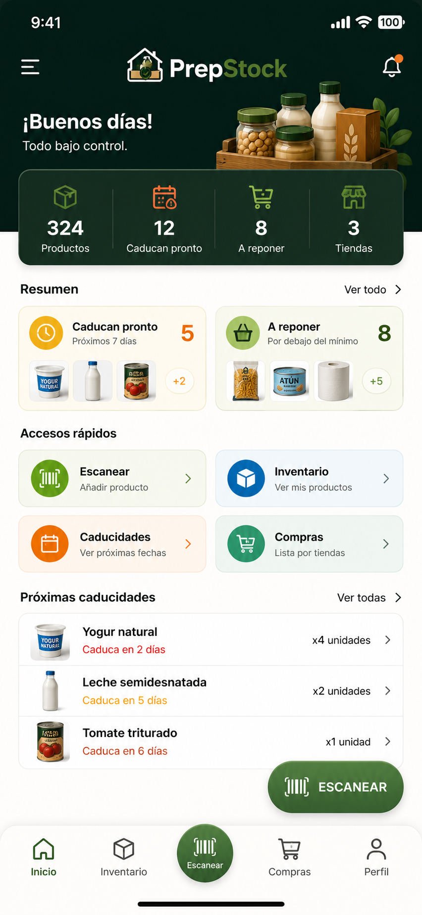 Pantalla de inventario de PrepStock